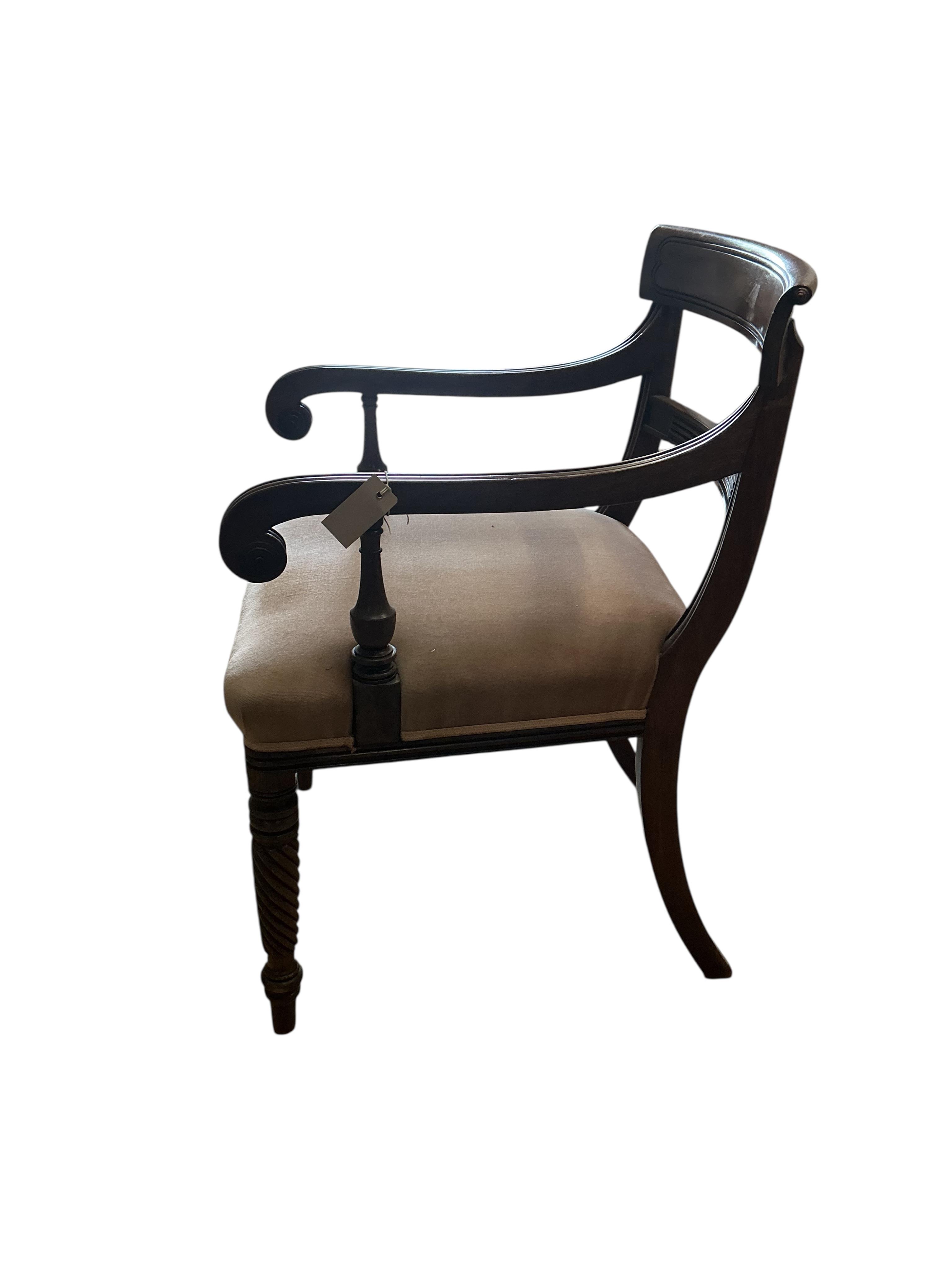 A Regency mahogany elbow chair, width 56cm, depth 50cm, height 88cm